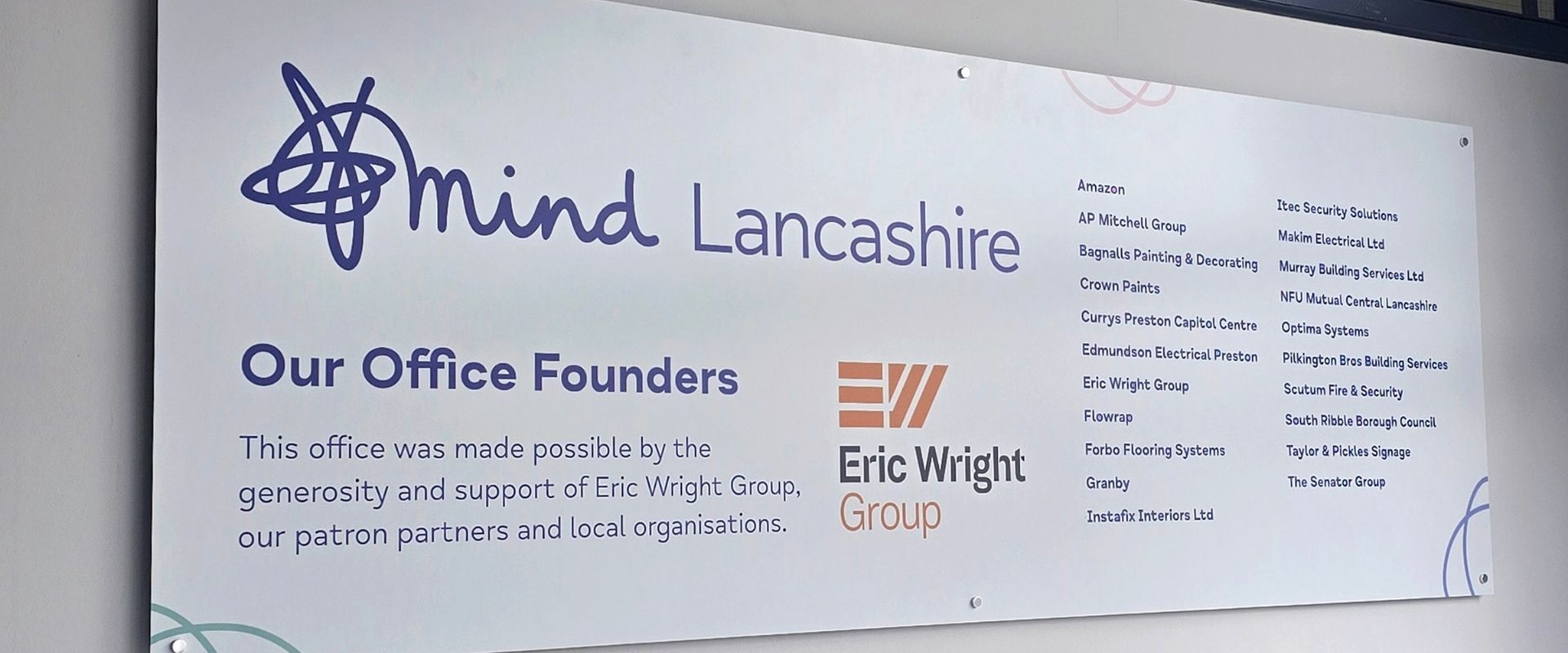 Lancashire Mind's Office Founders entrance sign - celebrating the generosity of the local business that supported the opening of our new office