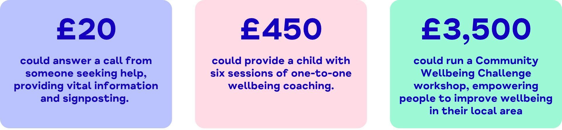 £20 could answer a call from someone seeking help, providing vital information and signposting  £450 could provide a child with six sessions of one-to-one wellbeing coaching  £3,500 could facilitate Community Wellbeing Challenge workshops, empowering people to improve wellbeing in their local area 